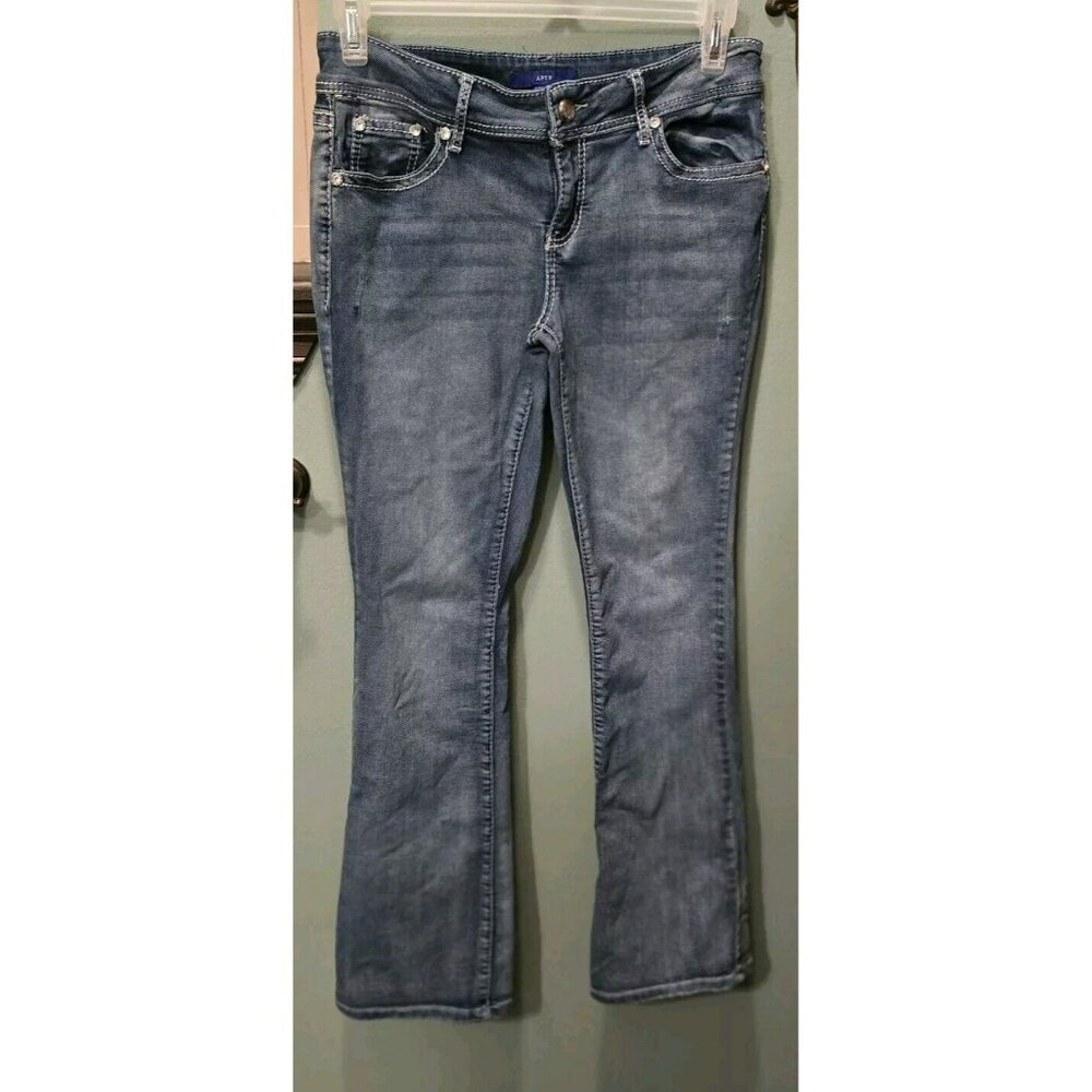 Apt 9 Womens MidRise Bootcut Stretch Blue Jeans Size 10 Bling Embroidered Pocket